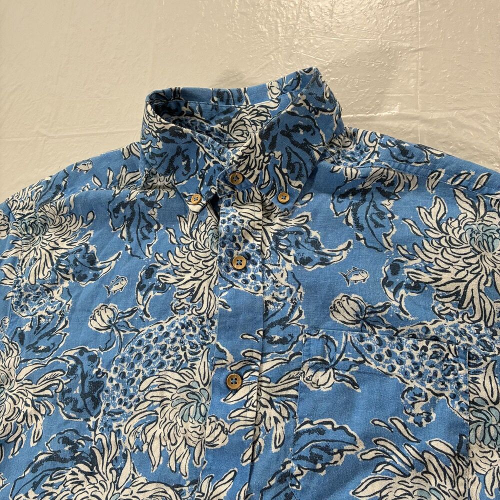 Lilly Pulitzer x Southern Tide Mens S Blue Floral Linen Rayon Shirt Tropical